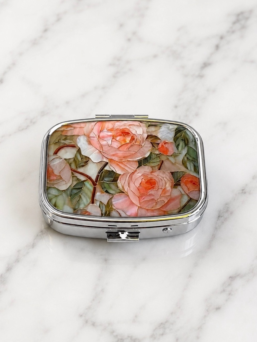 Pink Rose Floral Theme Purse Pill Box/Travel Jewelry-Compact With Lidded Mirror